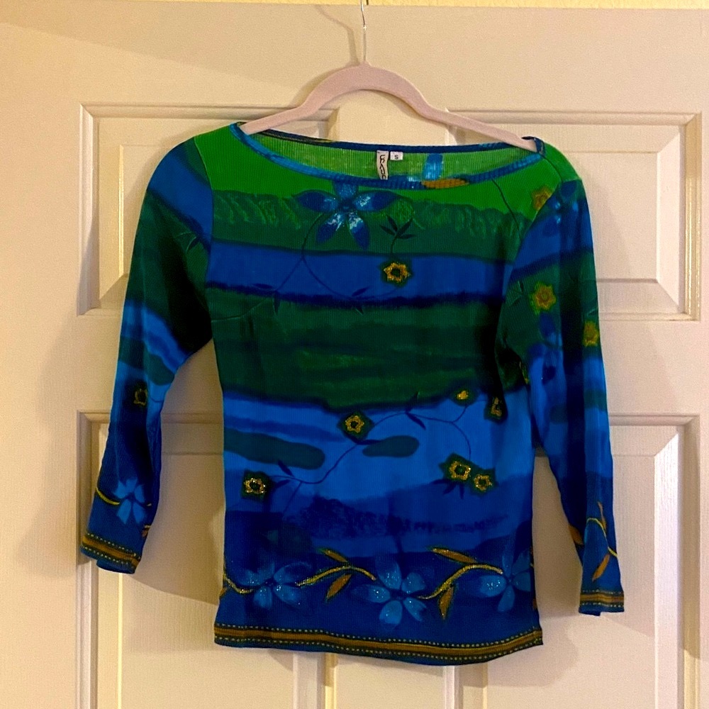 NWOT Chaudry Blue & Green Floral Top With Gold accents, Size S